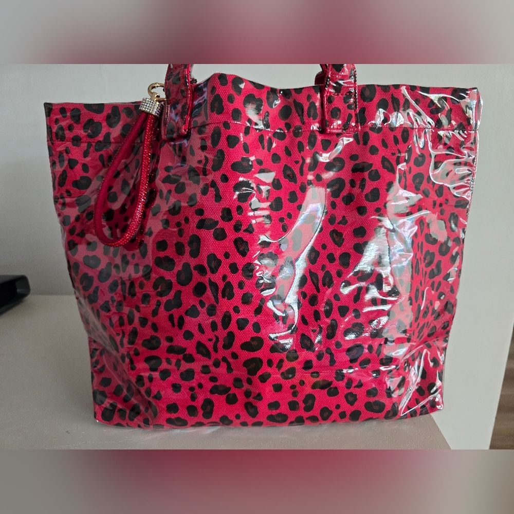 Red Leopard Print Tote Bag with Clear Vinyl Overlay - Picture 10 of 11